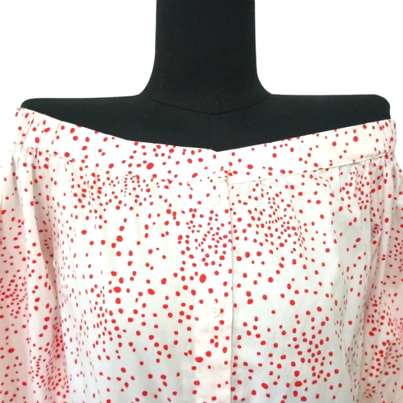 H&M Red and White Polka Dot Off-the-Shoulder Balloon 3/4 Sleeve Button Down Top - Picture 6 of 13